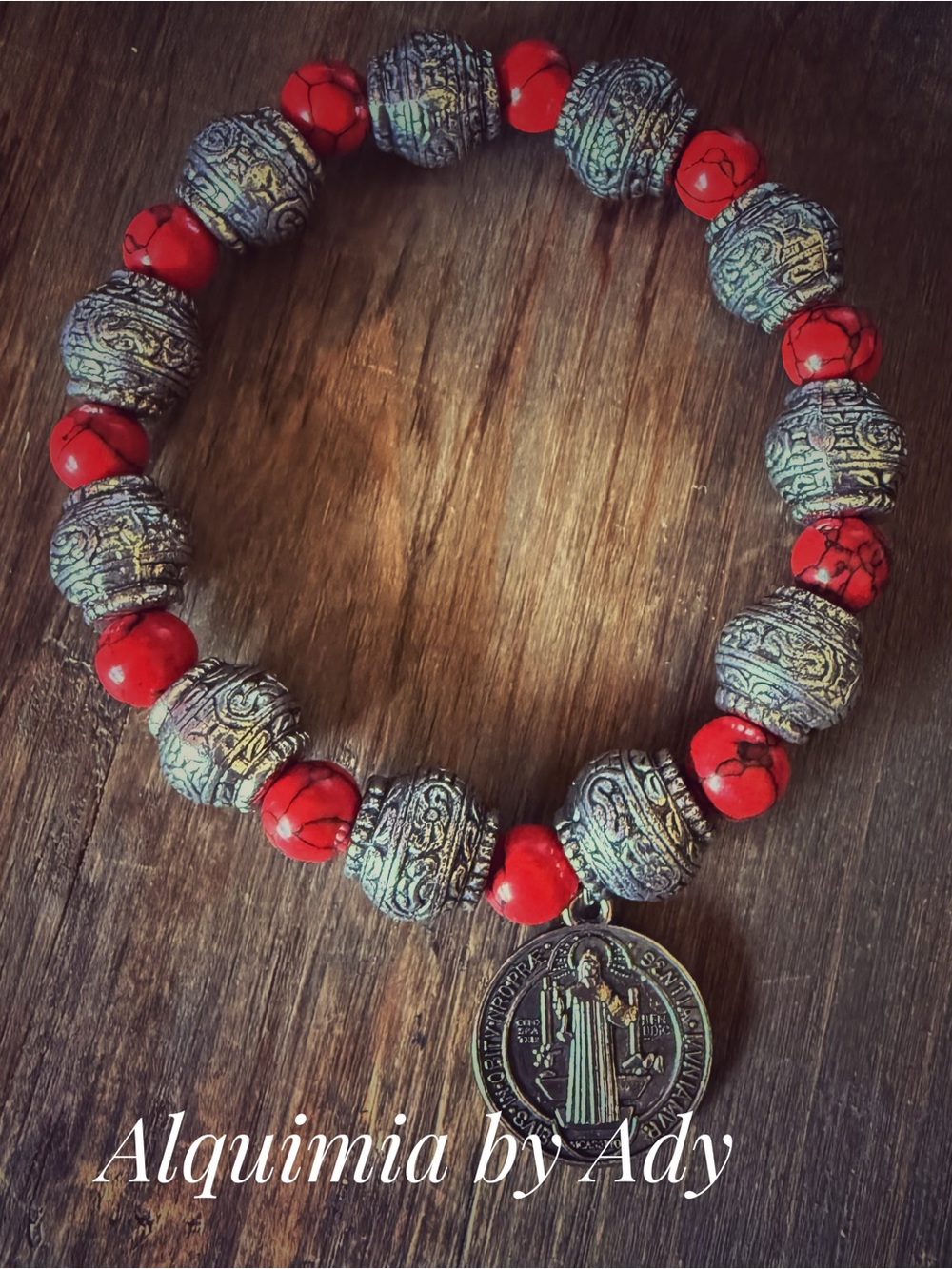 Red Turquoise Bracelet ā Silver Saint Benedict medal